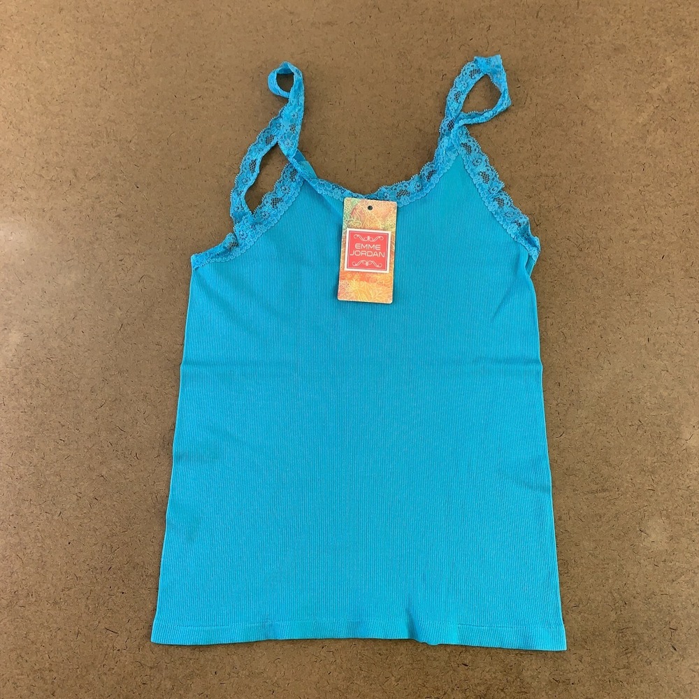 Emme Jordan Women's Size S/M Blue Ribbed Knit Lace Trim Cami Tank Top NWT